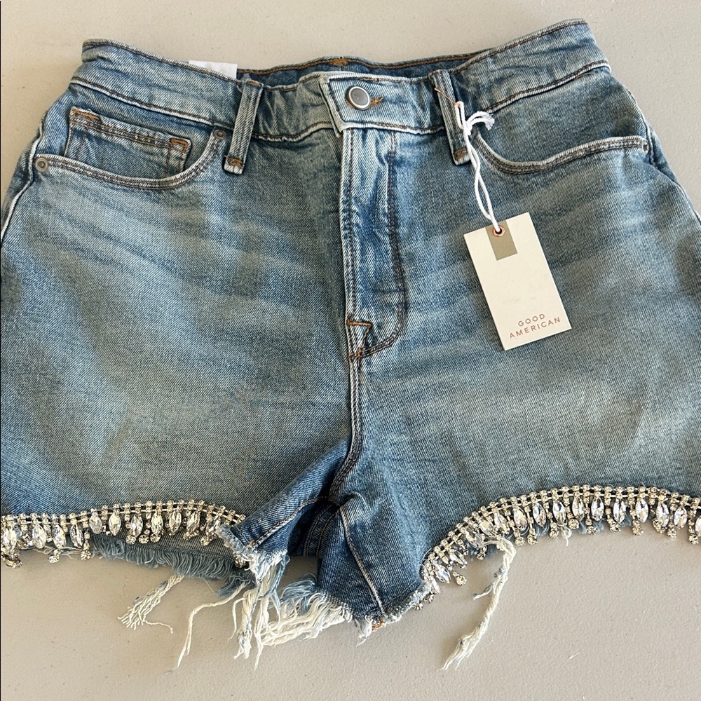Good American Light Blue Denim Shorts with Crystal Fringe - Picture 1 of 4